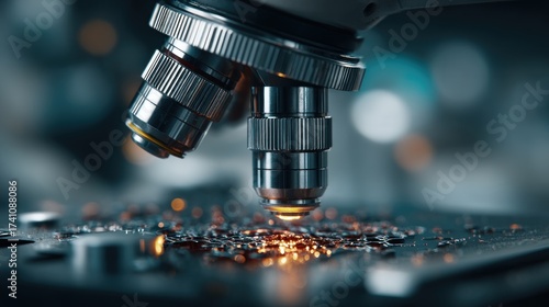 Captivating closeup of a microscope examining minute surface details, research