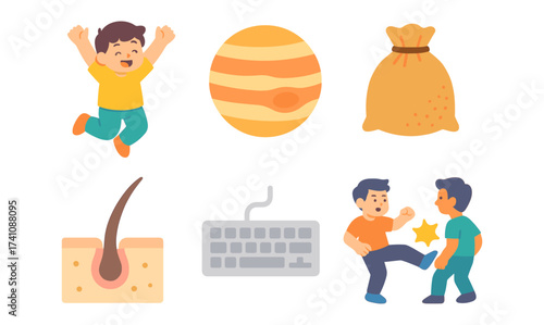Joyful child, planet, bag, skin, keyboard, and conflict in flat graphic style