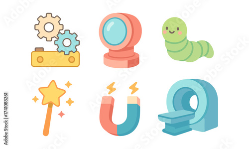 Playful cartoon icons: gears, robot, caterpillar, magic wand, magnet, mri