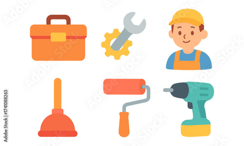 Colorful set of tools and worker icons for construction and repair projects