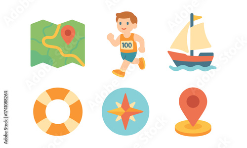 Colorful adventure icons: runner, map, boat, compass, pin, and lifebuoy