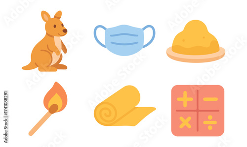 Cute and colorful cartoon icons of kangaroo, face mask, cheese, match, carpet, calculator