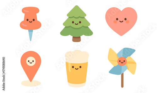 Cute kawaii icons: smiling tree, heart, pushpin, and more