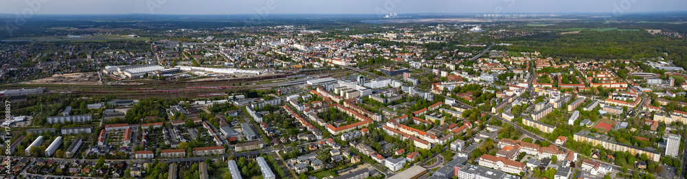 Fototapeta premium Aerial view around the old town of Cottbus in east Germany on a sunny spring day