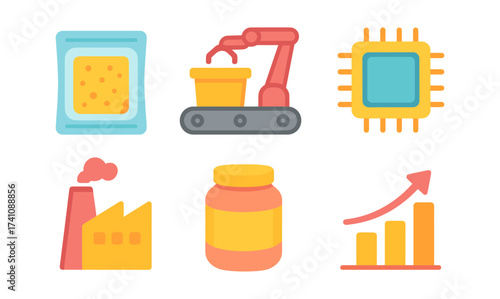 Flat style icons of industry and technology elements including factory and robotics