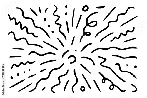 Hand-drawn burst lines explode outward in energetic black doodle style