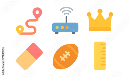 Colorful flat icons collection: technology, sports, and stationery