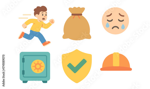 Flat design icons: running person, money bag, sad face, safe, shield, helmet