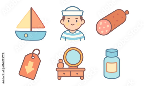 Cute nautical and home elements in soft pastel cartoon style
