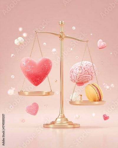 intuitive heart and rational mind contrast A whimsical representation of balance between emotions and intellect, featuring a heart and brain on a scale, accentuated by pastel colors.