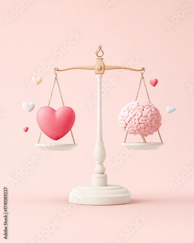 intuitive heart and rational mind contrast A whimsical balance scale featuring a heart and a brain, symbolizing the delicate equilibrium between emotion and logic in decision-making.