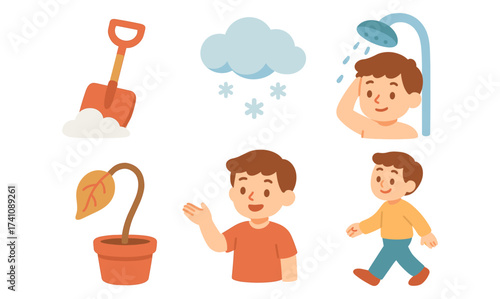 Winter icons: children, weather, and activities in flat design