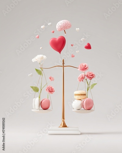 intuitive heart and rational mind contrast A whimsical balance scale featuring colorful macarons, flowers, and hearts, symbolizing the harmony of love and sweetness in culinary delights.