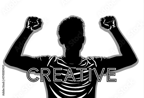Silhouetted figure flexing muscles with fists raised, showcasing creativity in bold, black and white style