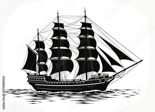 Silhouetted Sailing Ship at Sea under Moonlit Night