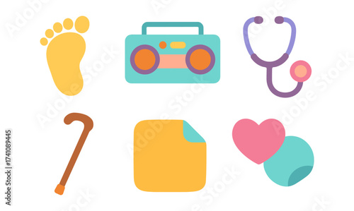 Colorful flat icon set featuring simple objects and everyday items