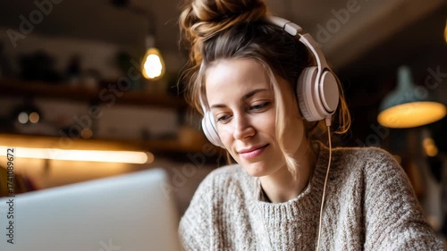 Young woman in headphones focused on her laptop, working remotely or studying in a modern workspace.