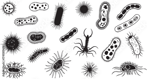 Microscopic germs and bacteria for medical research needs in black and white