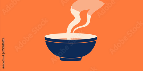 Steaming Blue Bowl of Comfort on Vibrant Orange Background