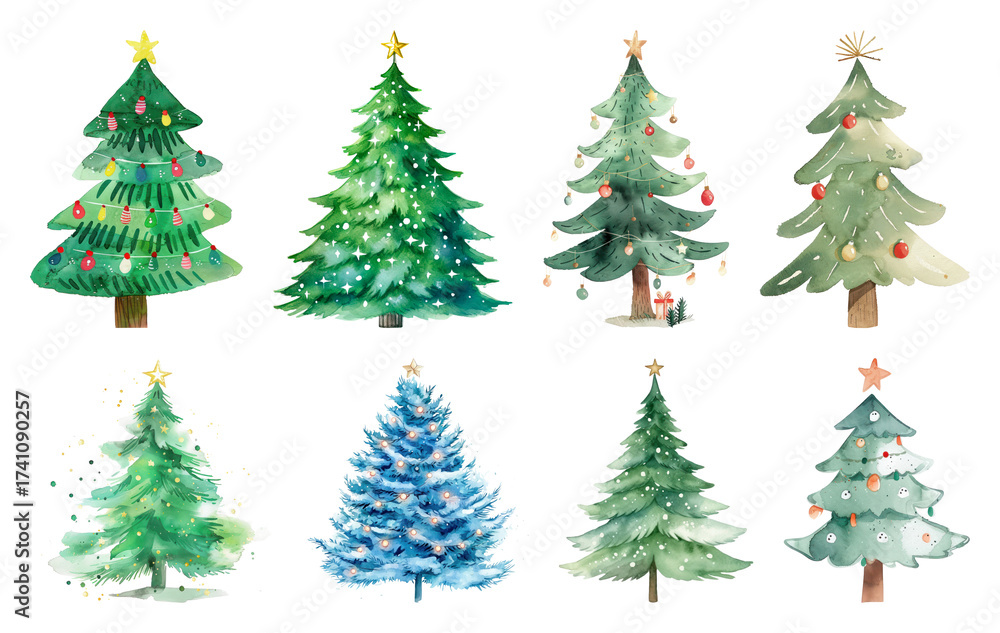 Fototapeta premium PNG Watercolor Christmas tree illustrations, element set on transparent background