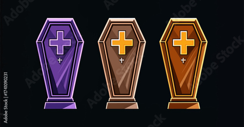 Three Elegant Coffins with Golden Crosses
