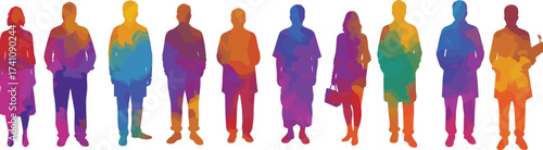 Colorful diverse human silhouettes, abstract people illustration, inclusive community concept, multicultural society, individuality expression, unity and equality, teamwork support, modern design