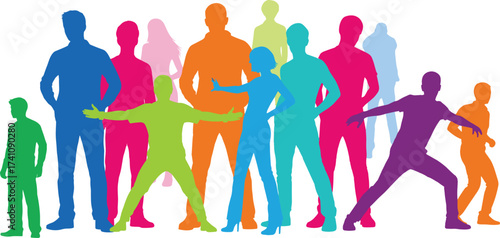 Colorful diverse people silhouettes, abstract human figures illustration, inclusive community concept, multicultural unity, teamwork, equality, harmony, individuality, collaboration, society support