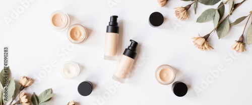 A minimalist flat lay of various foundation bottles and cream makeup pots in neutral shades, elegantly arranged with delicate dried flower branches on a clean white background.