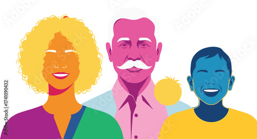 Colorful family illustration, diverse people portrait, inclusive community artwork, multicultural unity, 