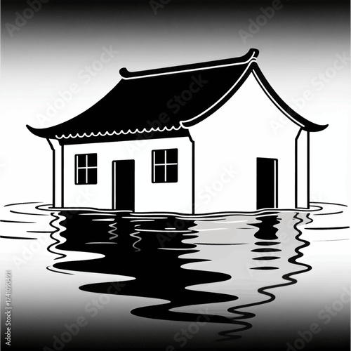 Traditional House Flooded in Serene Water Reflection