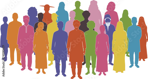 Colorful human silhouettes diversity illustration, multicultural people figures, 