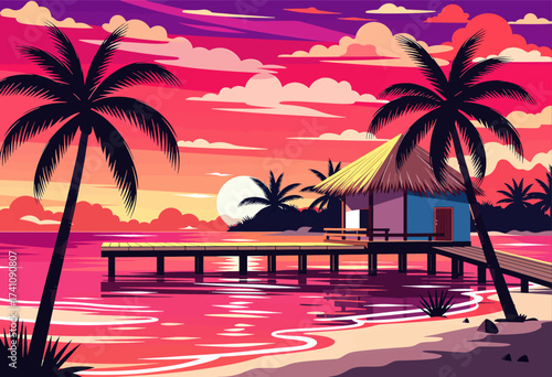 Tropical Sunset Paradise: Beach Hut and Palms