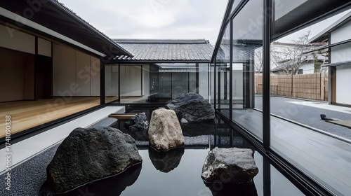 Minimalist zen courtyard house with rock garden water feature architecture
