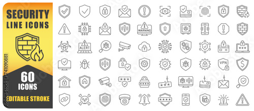 Security Line Icons Vector Set. A Collection Of 60 Thin Line Editable Stroke Icons Representing Safety, Privacy, Protection, Locks, Alerts, And Shields. Perfect For Security Systems, Cyber Protection.