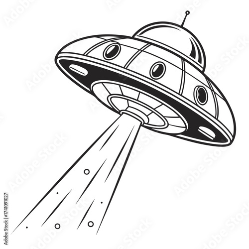 Black and white vector illustration of a flying saucer emitting a beam