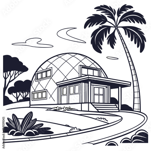Black and white vector illustration of a futuristic dome house