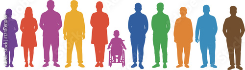 Colorful human silhouettes illustration, diverse people group with wheelchair inclusion, unity and diversity concept, multicolor figures, community teamwork, abstract design, professional stock art