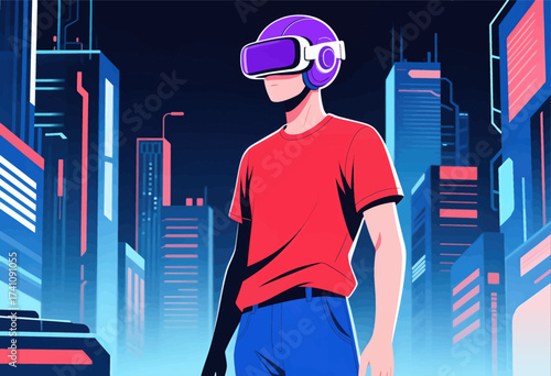 Virtual Reality Explorer in Futuristic Cityscape