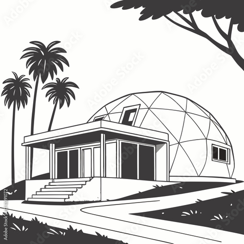 Black and white vector illustration of a geodesic dome villa