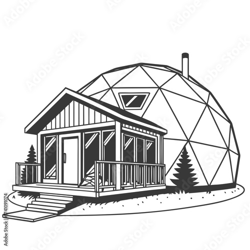 Black and white vector illustration of a geodesic dome home with attached cabin