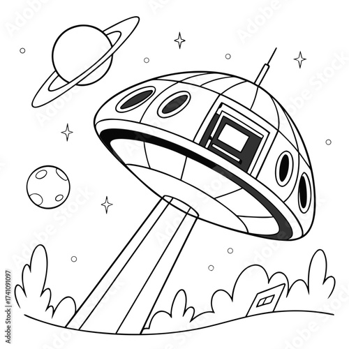 Black and white vector illustration of a flying saucer with a beam 1