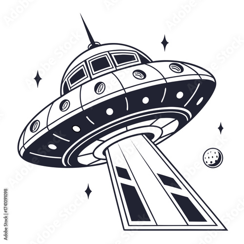 Black and white vector illustration of a flying saucer with a beam