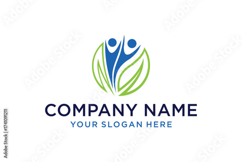 Abstract Human Figures in Leaf Circle Logo for Health and Community