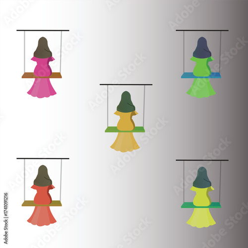 Stylized Swing Girl Illustration Pack  Color Variants & Gradient Background