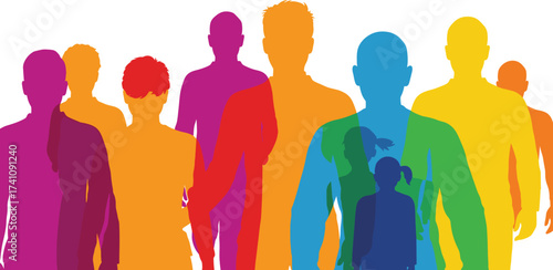 Colorful overlapping human silhouettes, abstract people illustration, inclusive community concept, 