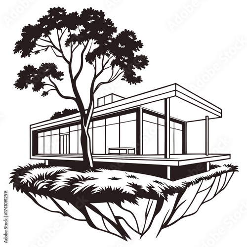 Black and white vector of a minimalist house on a floating island
