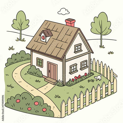 Cartoon countryside cottage with white picket fence and dog