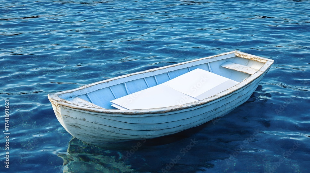 Naklejka premium Rustic blue rowboat floats peacefully in ocean water with white paper inside