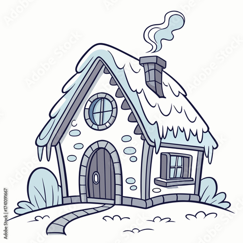 Cartoon fantasy ice house with smoke from chimney winter