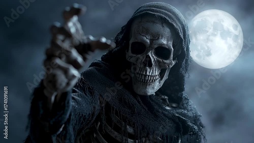 A skeleton covered in dried skin and dressed in a black cloak points a finger in front of him towards the viewer. Skeleton-death on the background of a full moon looks ahead, portrait. Halloween